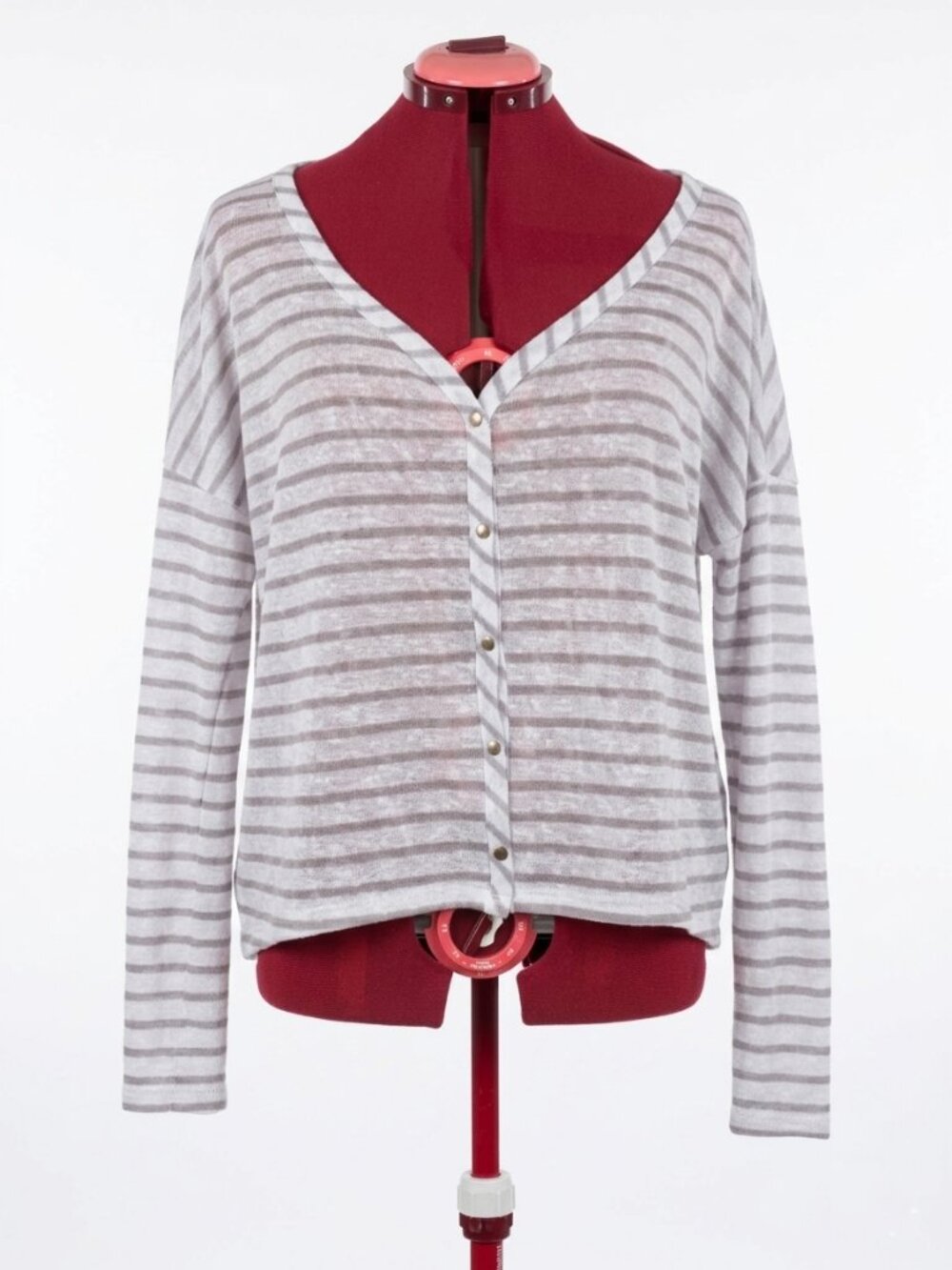 M&Co - Striped Button-Down Lightweight Cardigan – Grey & White – Size L